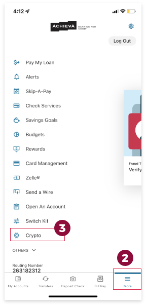 Mobile device info graphic for puchasing Bitcoin using the Achieva Credit Union mobile app.